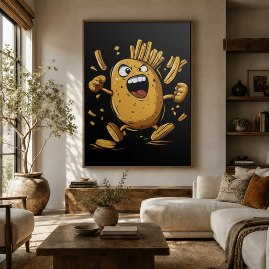 Angry potato cartoon canvas wall art in dark walnut float frame displayed in modern living room
