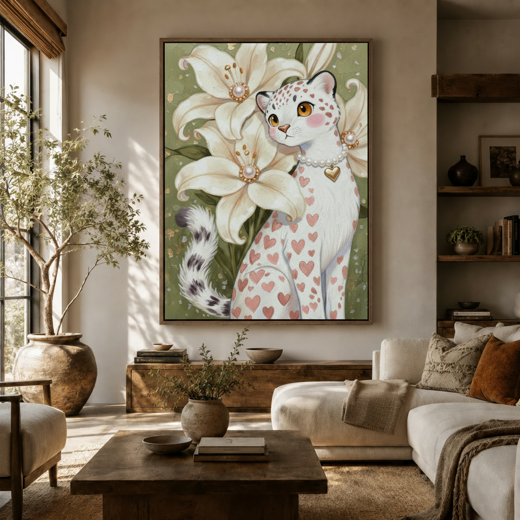 Whimsical heart leopard oil painting canvas displayed in a warm neutral living room with olive tree