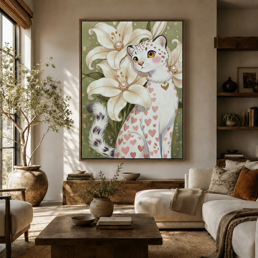 Whimsical heart leopard oil painting canvas displayed in a warm neutral living room with olive tree