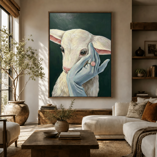  Whimsical lamb portrait framed canvas art hanging in a warm neutral living room with olive tree
