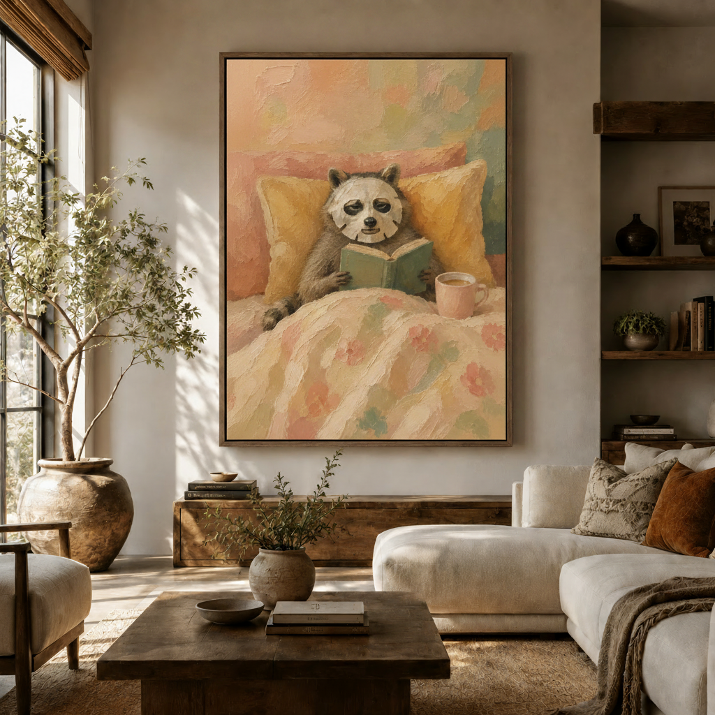Whimsical raccoon reading canvas wall art displayed in a warm neutral living room with olive tree and white sofa