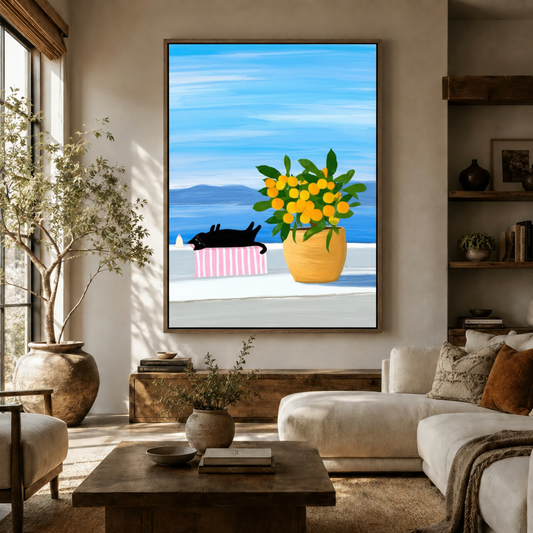 Black cat lemon tree Mediterranean canvas wall art displayed above sideboard in warm living room