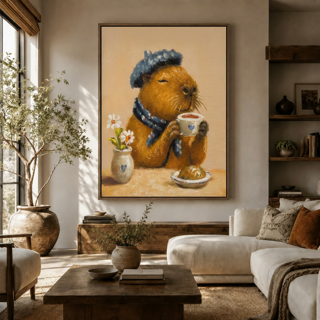 Capybara tea time canvas wall art in living room, beret and scarf, float frame, warm interior
