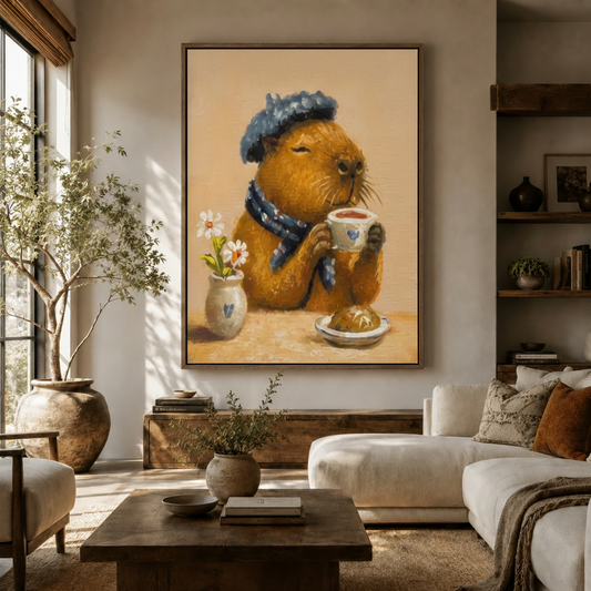Capybara tea time canvas wall art in living room, beret and scarf, float frame, warm interior