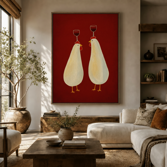 Wine chickens funny canvas wall art displayed in a warm neutral living room above a wood console