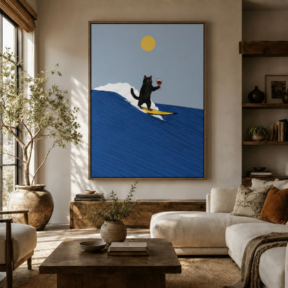 Funny surfing cat canvas wall art hanging in a cozy living room above a wooden sideboard
