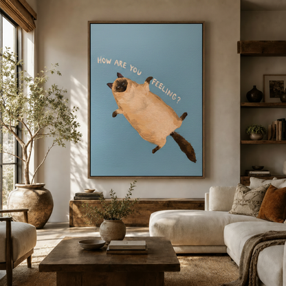Whimsical Siamese cat folk art canvas displayed in a cozy living room above a walnut sideboard