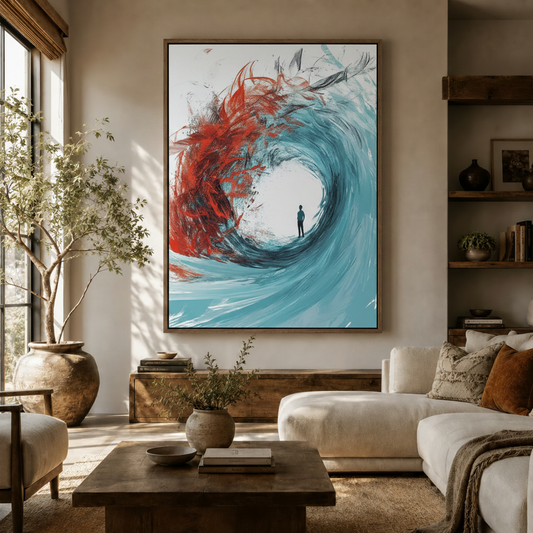 Bold red and teal abstract wave canvas art displayed above console in modern living room