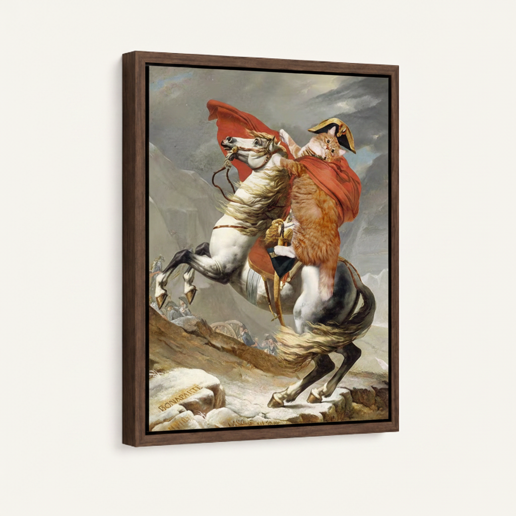 Napoleon crossing Alps framed canvas wall art – classical oil painting with Napoleon on rearing white horse and red cape pointing forward by Aurewall