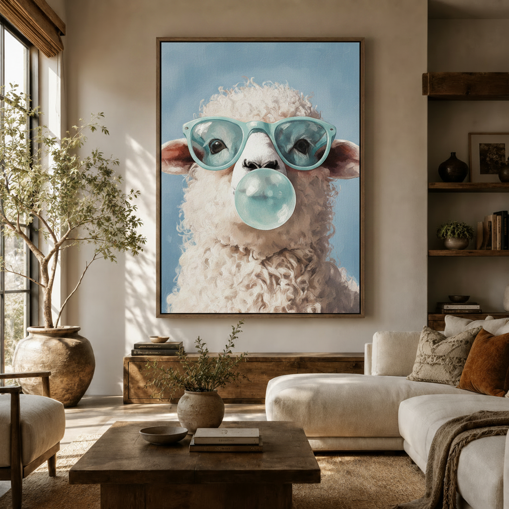 Funny sheep with teal sunglasses blowing bubble gum canvas wall art in a warm neutral living room