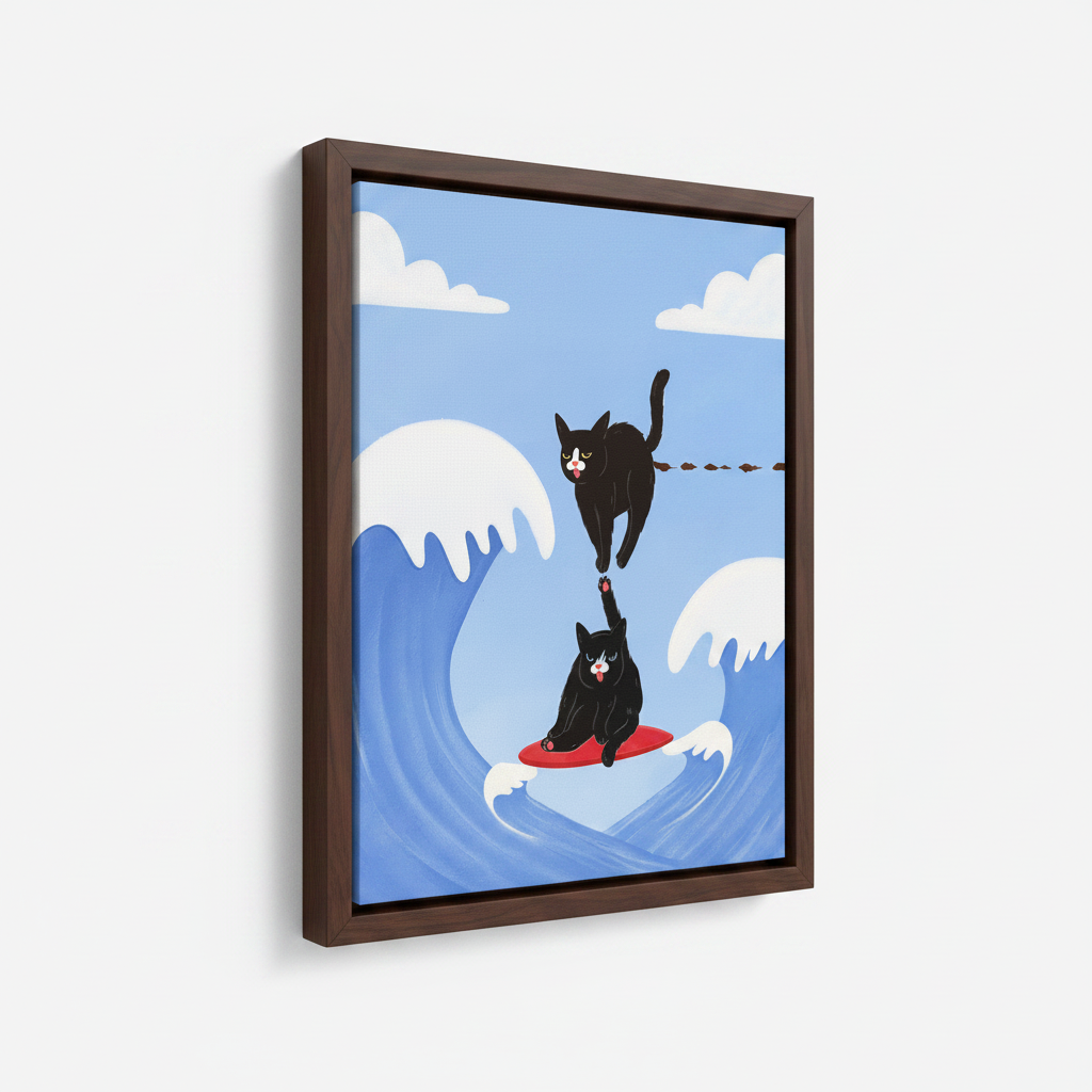 Surfing cat framed canvas wall art – funny illustration of black cat riding red surfboard on ocean waves under blue sky by Aurewall