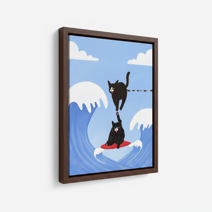 Surfing cat framed canvas wall art – funny illustration of black cat riding red surfboard on ocean waves under blue sky by Aurewall
