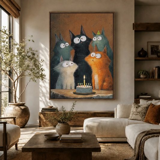 Funny birthday cats canvas wall art displayed above sofa in a warm neutral living room