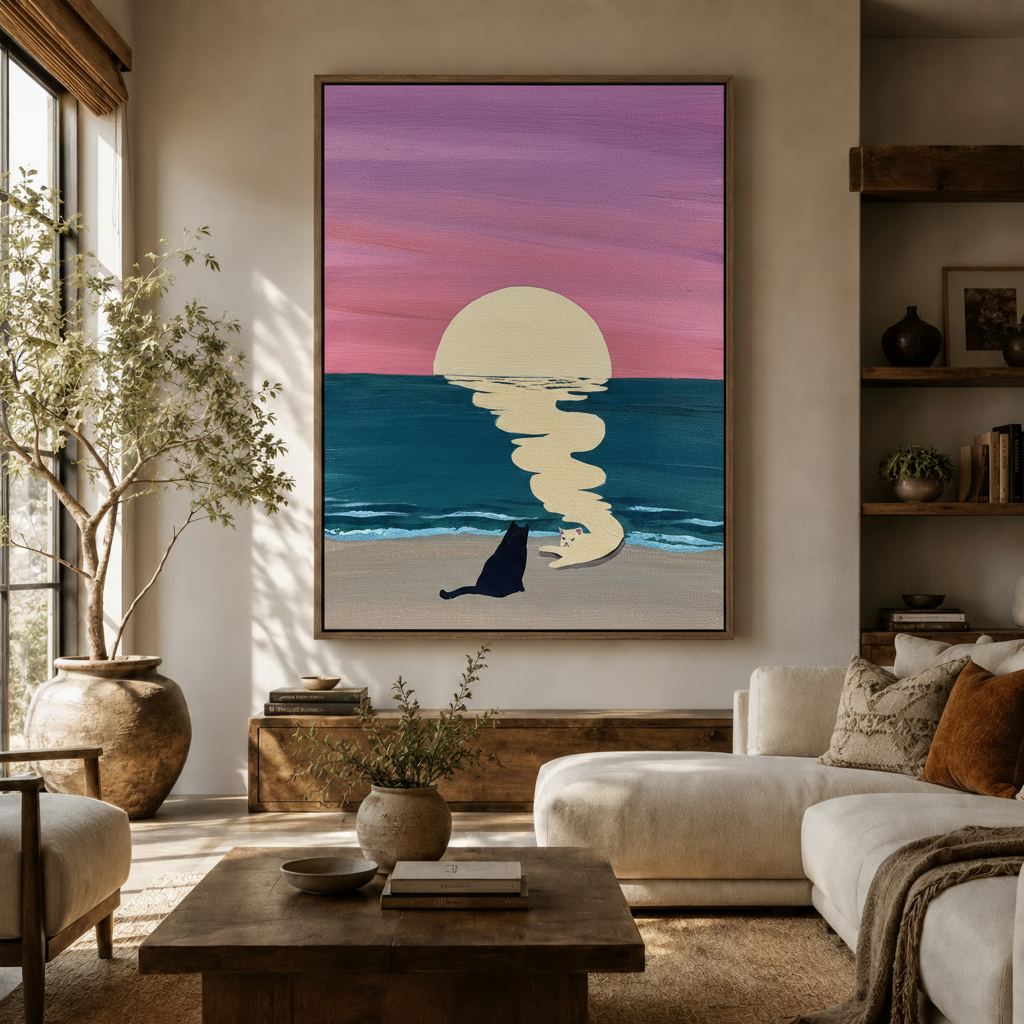 Black and white cats sunset beach canvas wall art displayed above a wooden sideboard in a warm living room