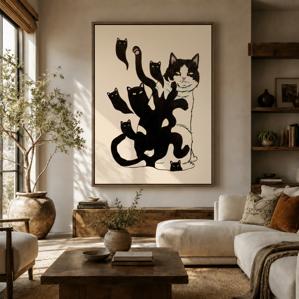 Whimsical tuxedo cat ink illustration canvas in walnut frame, styled in a warm neutral living room with olive tree