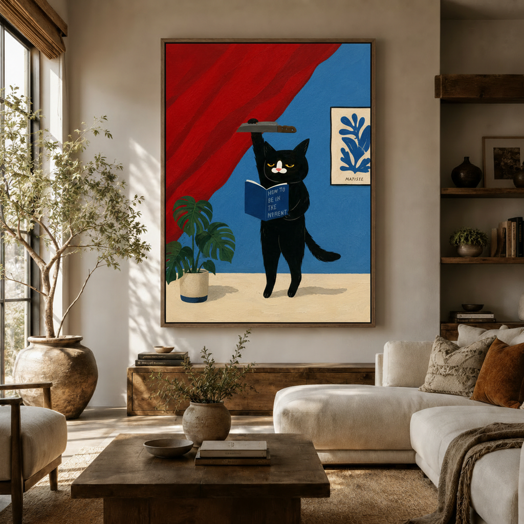 Grumpy cat reading canvas wall art displayed in a warm neutral living room above a wood console