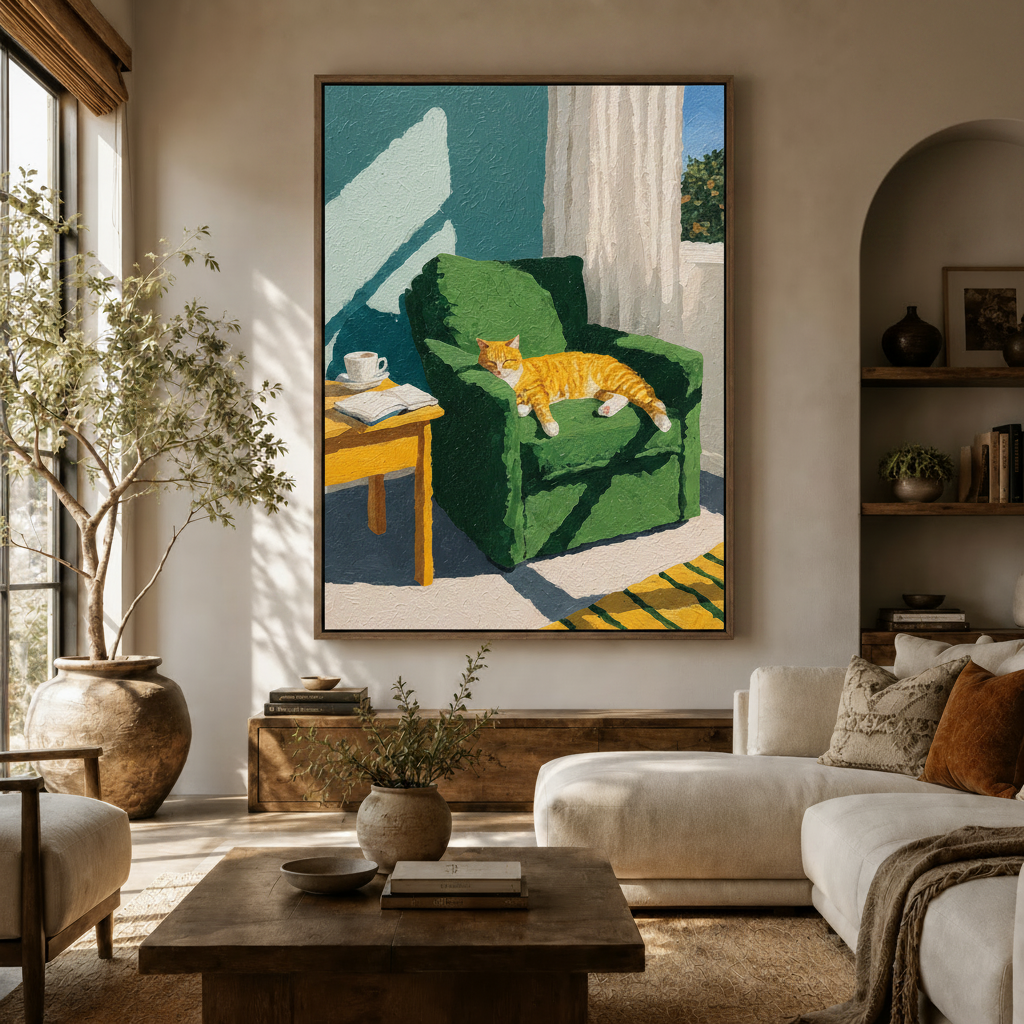  Impasto oil painting canvas print of sleeping ginger cat on green armchair in cozy living room setting