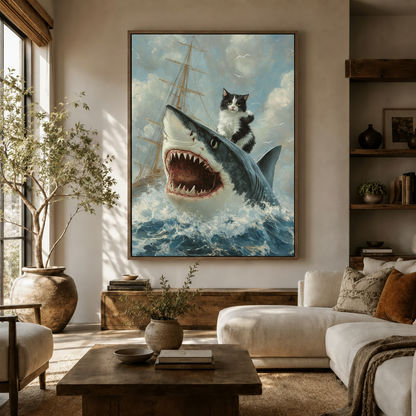 Cat riding shark classical oil painting canvas art displayed in a warm neutral living room with olive tree