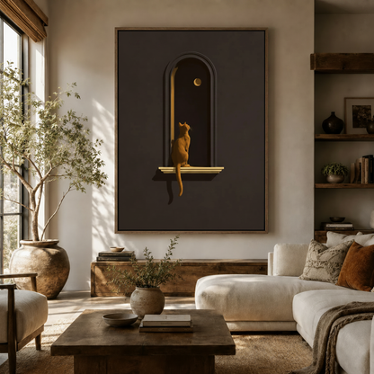 Minimalist cat moon canvas wall art in dark walnut float frame displayed in a warm neutral living room