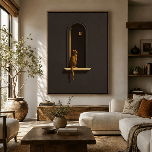 Minimalist cat moon canvas wall art in dark walnut float frame displayed in a warm neutral living room