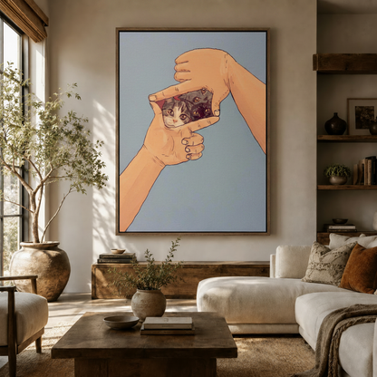 Cat illustration canvas wall art displayed in a cozy living room above a wooden sideboard