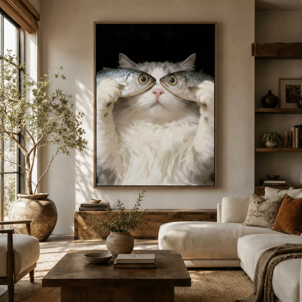 Funny hyperrealistic cat holding fish canvas wall art displayed in warm neutral living room