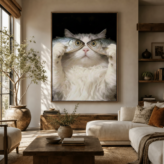 Funny hyperrealistic cat holding fish canvas wall art displayed in warm neutral living room