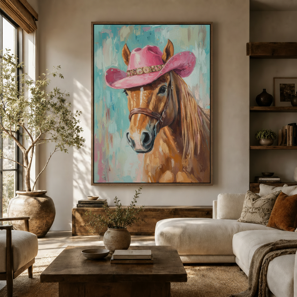  Cowgirl horse oil painting canvas displayed in a warm neutral living room above a wood console