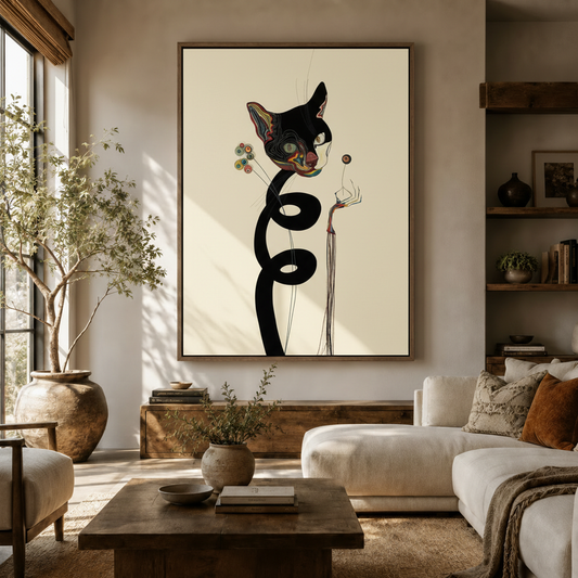 Abstract black cat line art canvas displayed above console in warm neutral living room with olive tree