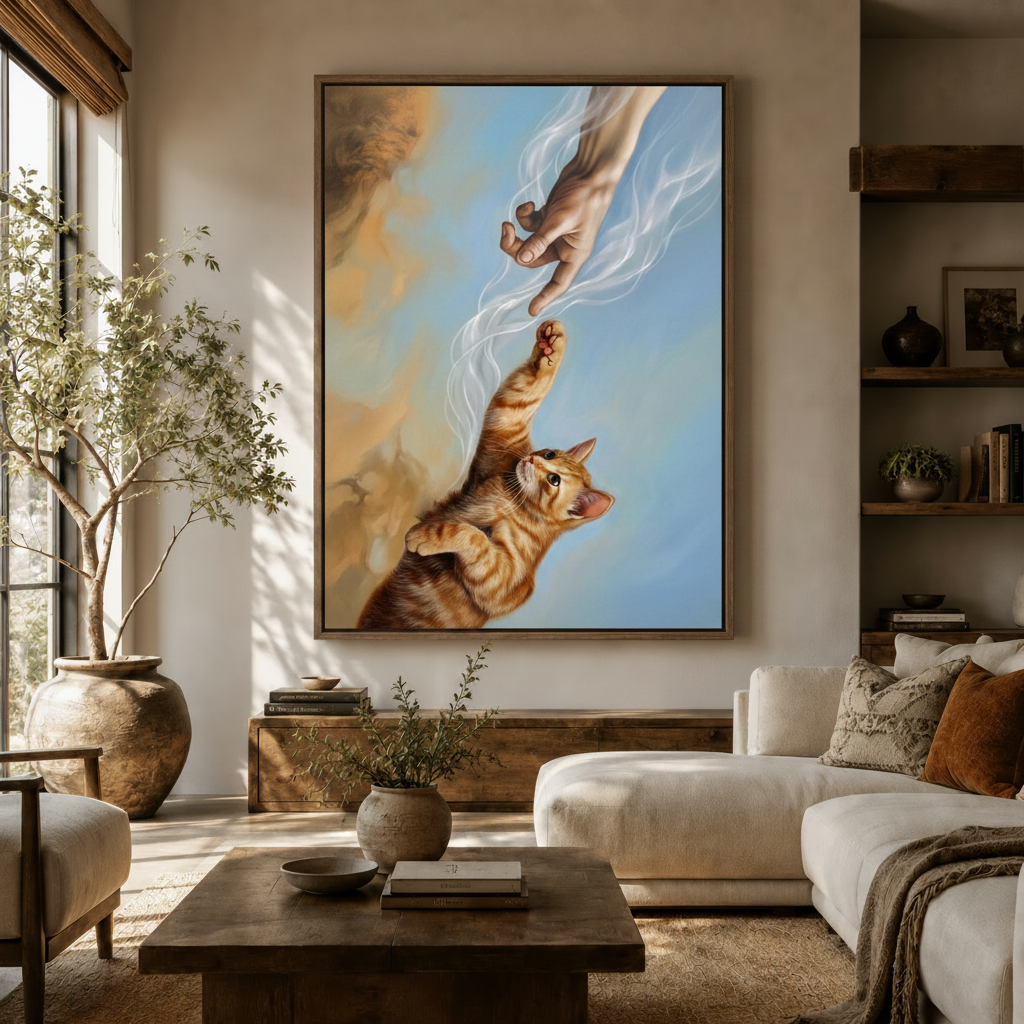Funny cat Creation of Adam canvas art hanging above a wooden sideboard in a warm living room