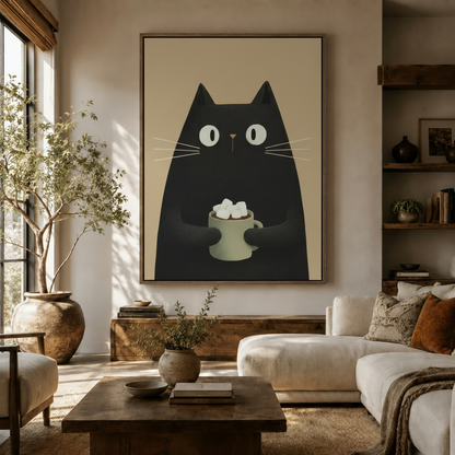 Black cat cocoa canvas wall art displayed in a warm living room above a walnut console