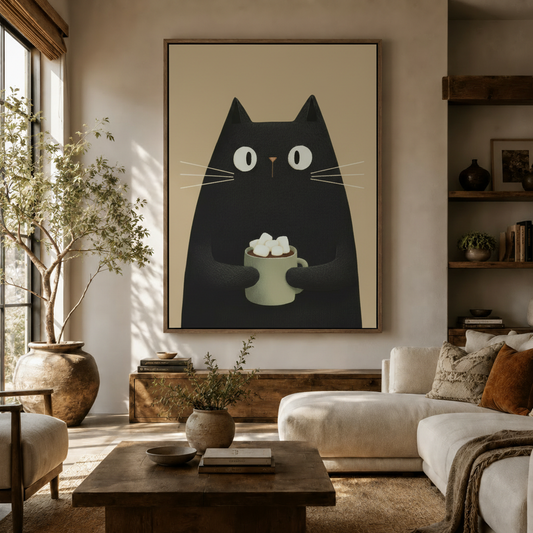 Black cat cocoa canvas wall art displayed in a warm living room above a walnut console
