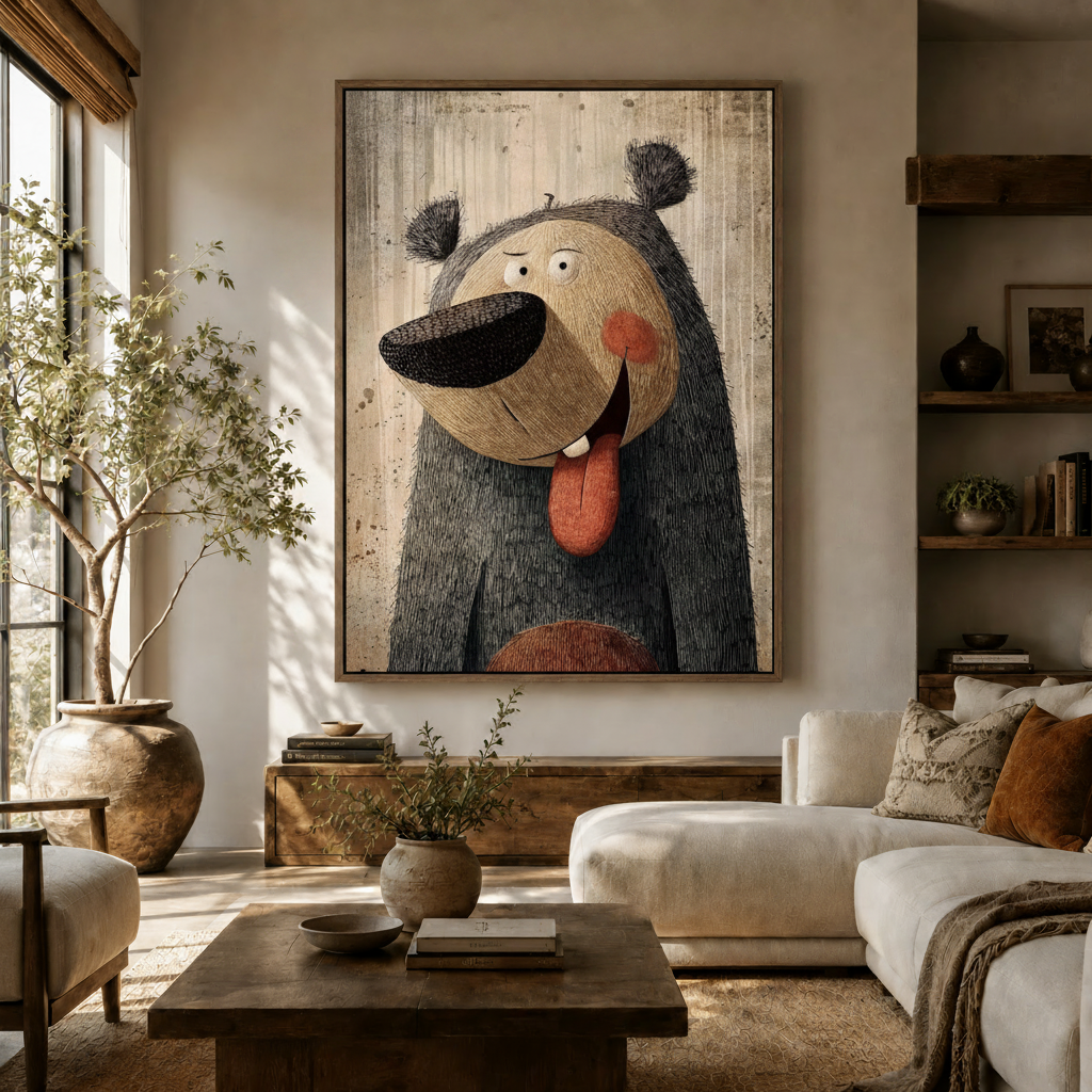 Whimsical bear canvas wall art displayed above white sofa in a bright modern living room