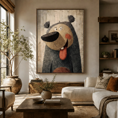 Whimsical bear canvas wall art displayed above white sofa in a bright modern living room