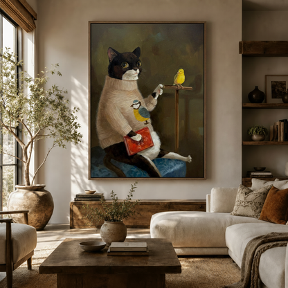 Whimsical cat and bird classical oil painting canvas wall art – cozy living room decor by Aurewall
