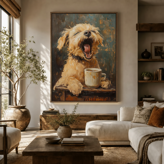 Yawning golden dog oil painting canvas in a warm Japandi living room above a wooden sideboard