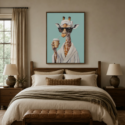 Funny giraffe in bathrobe canvas print displayed in a cozy bedroom above wooden headboard