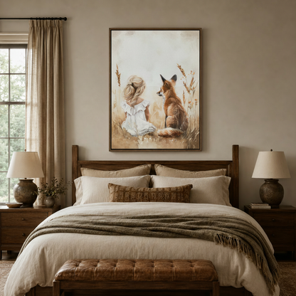 Girl and fox autumn meadow watercolor canvas print displayed above wooden bed headboard in bedroom