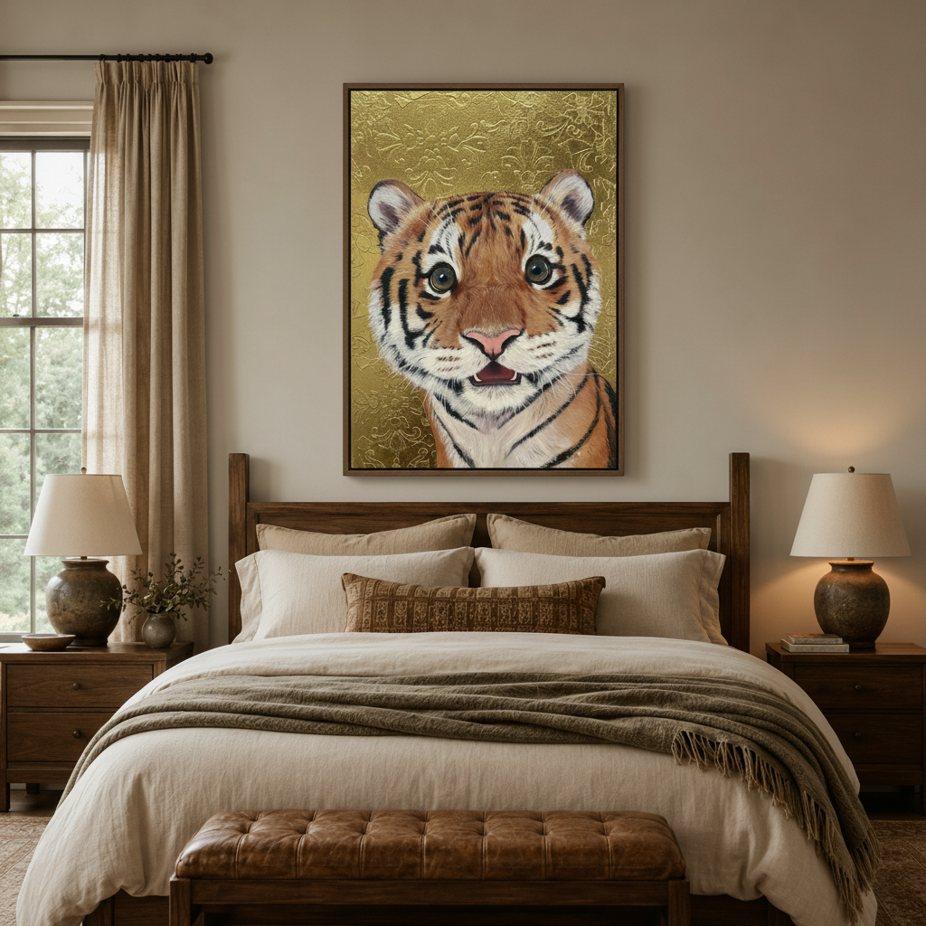 Baby tiger cub oil painting canvas wall art displayed above a walnut bed headboard in a cozy neutral bedroom