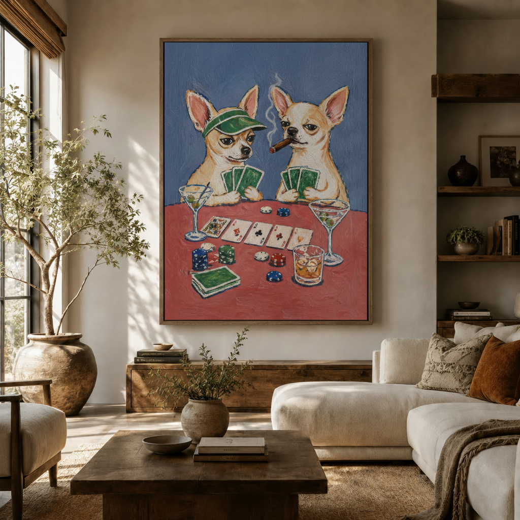 Funny chihuahua poker canvas wall art displayed in a modern living room above a white sofa