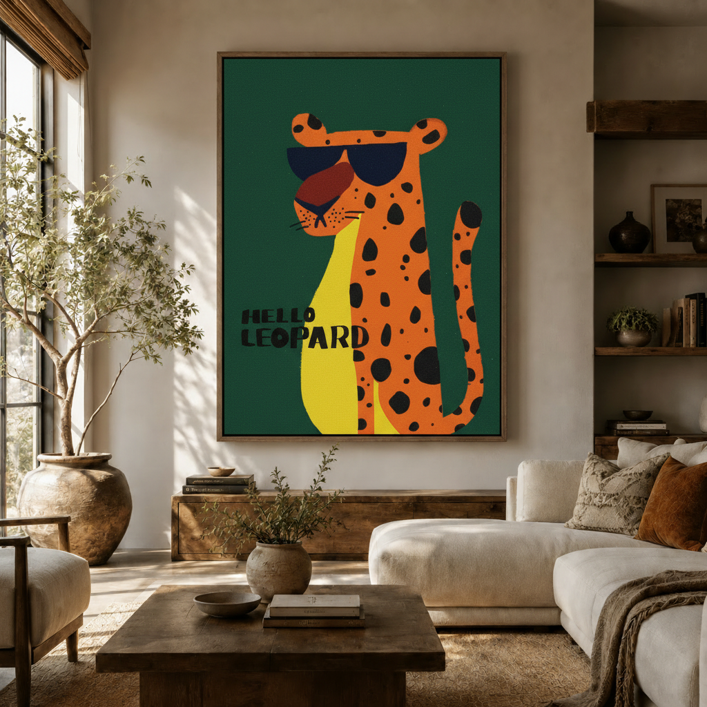 Hello Leopard graphic illustration canvas print displayed in warm neutral living room setting