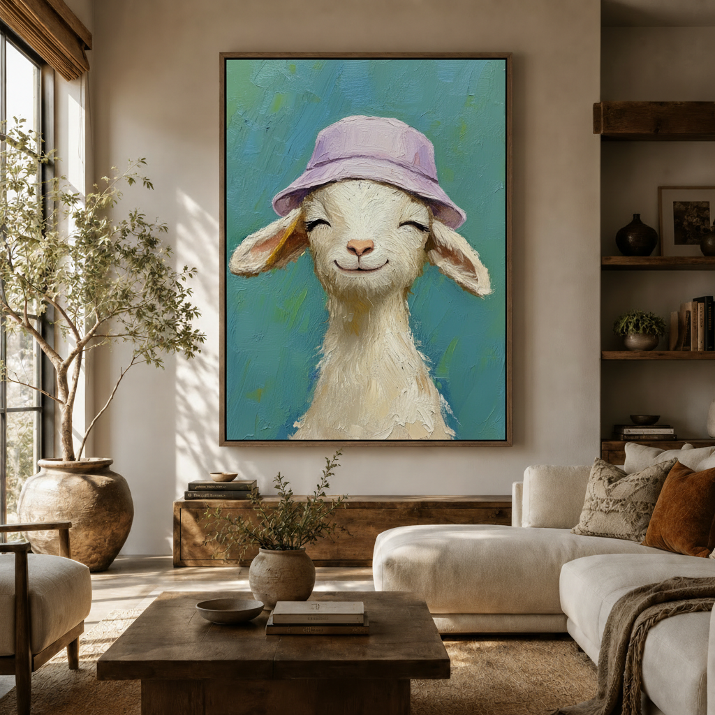 Whimsical baby goat bucket hat oil painting canvas displayed in warm neutral living room above wooden sideboard
