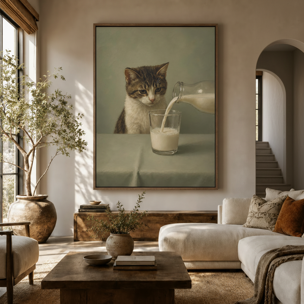  Hyperrealistic cat canvas wall art displayed above walnut sideboard in warm neutral living room with olive tree