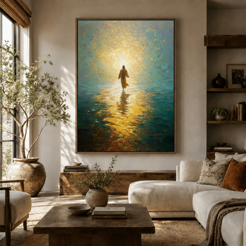  Jesus walking on water impasto oil painting canvas displayed above a wooden sideboard in a warm neutral living room