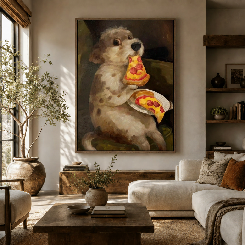 Funny dog eating pizza oil painting canvas displayed above a wooden sideboard in a warm neutral living room