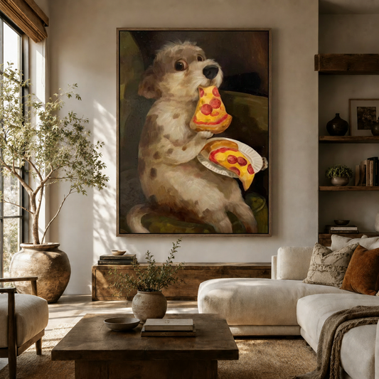 Funny dog eating pizza oil painting canvas displayed above a wooden sideboard in a warm neutral living room