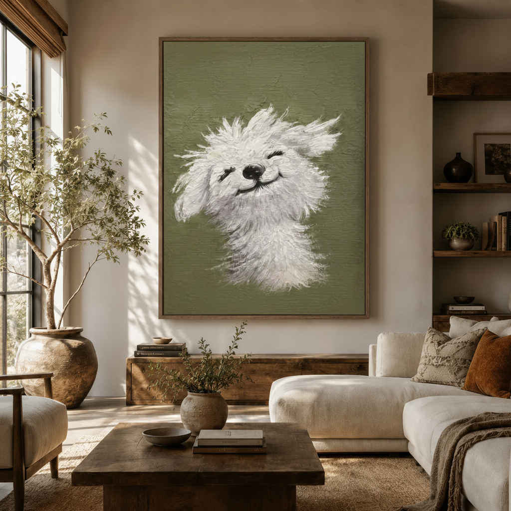 Joyful white fluffy dog impasto canvas wall art displayed in warm neutral living room above walnut credenza