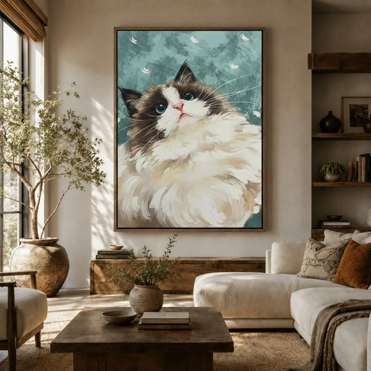  Ragdoll cat oil painting canvas wall art hanging in a warm neutral living room above a wooden sideboard