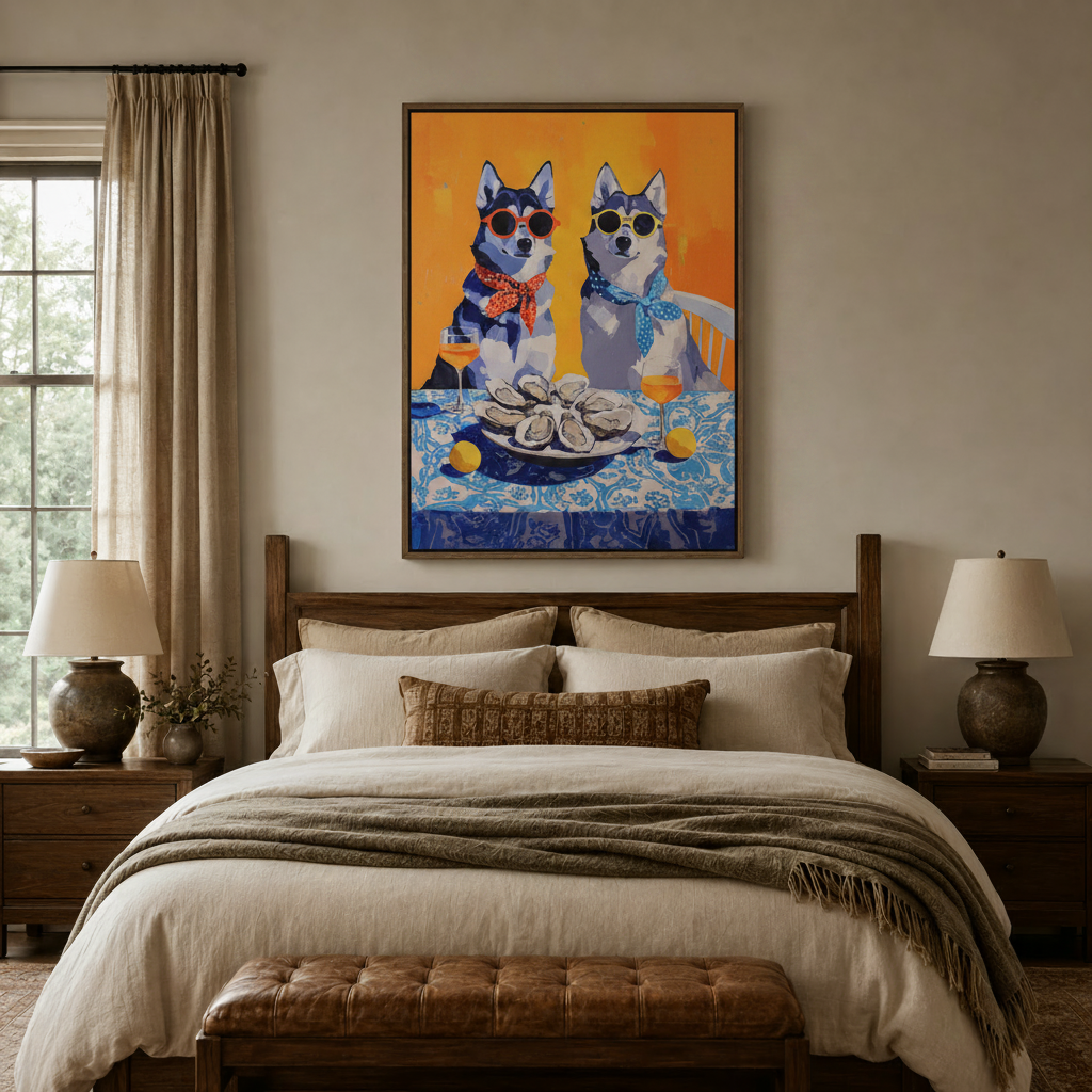 Husky dogs pop art canvas print displayed in framed style above bedroom headboard