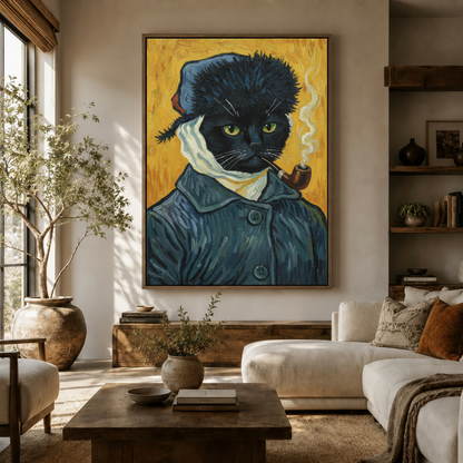 Van Gogh style black cat portrait canvas wall art displayed in a warm neutral living room
